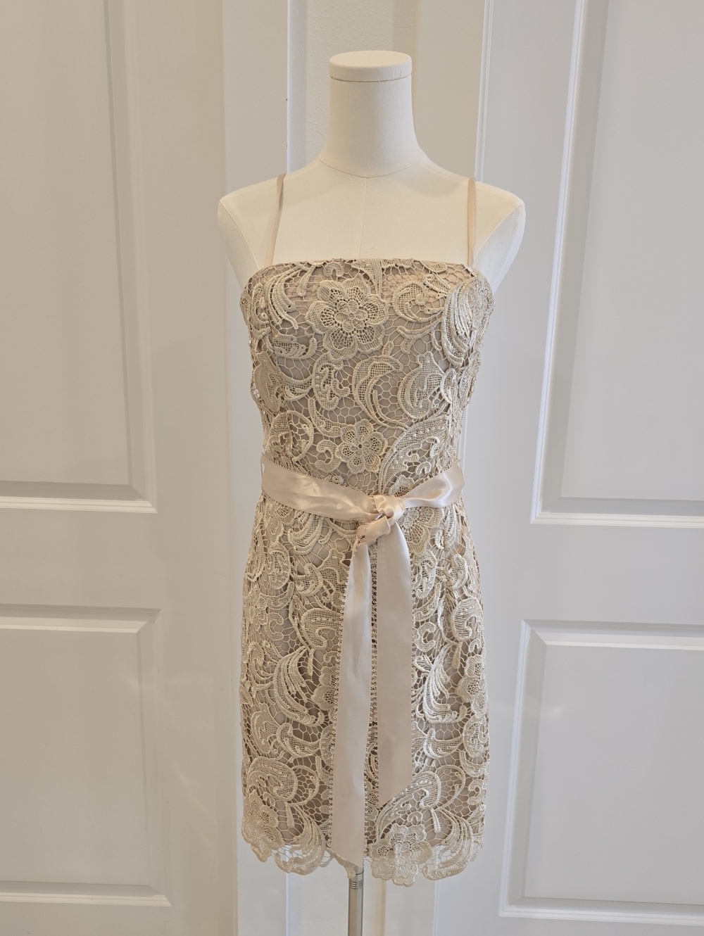 Adrianna Papell Champagne Lace Dress with Satin Waist Tie,  Size 6